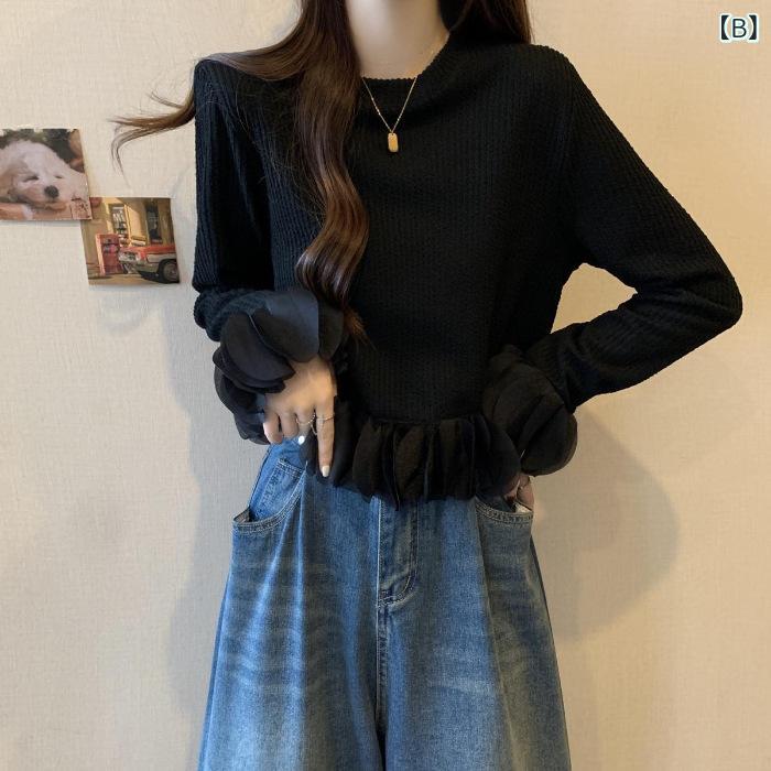 ニット トップス レディース 秋冬 長袖 カットソー 大きいサイズ ゆったり 体型カバー 着痩せ 細見え チュニック セーター おしゃれ かわいい きれいめ 切り替え デザインニット ショート丈 フェミニン 重ね着 カジュアル 普段使い お出かけ 上品 h-keitaroubin-11061072 北摂軽太郎便 サンプル画像3
