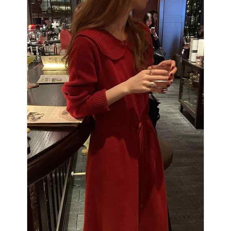 ワンピース レディース 秋冬 赤 ニット ロングドレス フランス レトロ 暖か 伸縮性 普段使い レイヤード コーディネート 柔らかい 素材 膝下丈 フェミニン スタイル