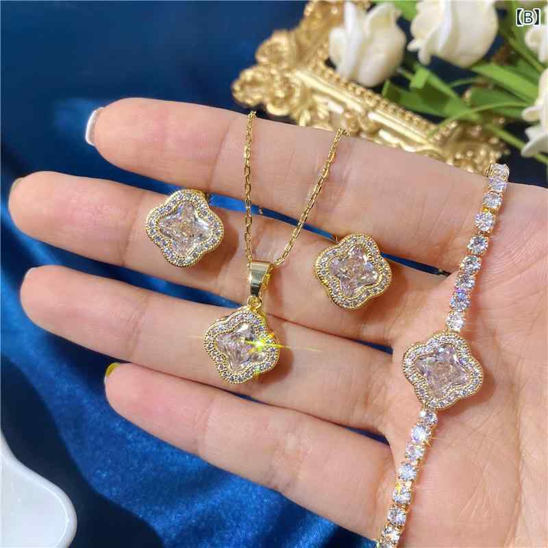 北摂軽太郎便のアクセサリー ジュエリー セット ジルコニア フラワー モチーフ カラー クリスタル ネックレス イヤリング ブレスレット 3点 華やか エレガント キラキラ 輝き 女性用 普段使い ギフト向き｜アングル3