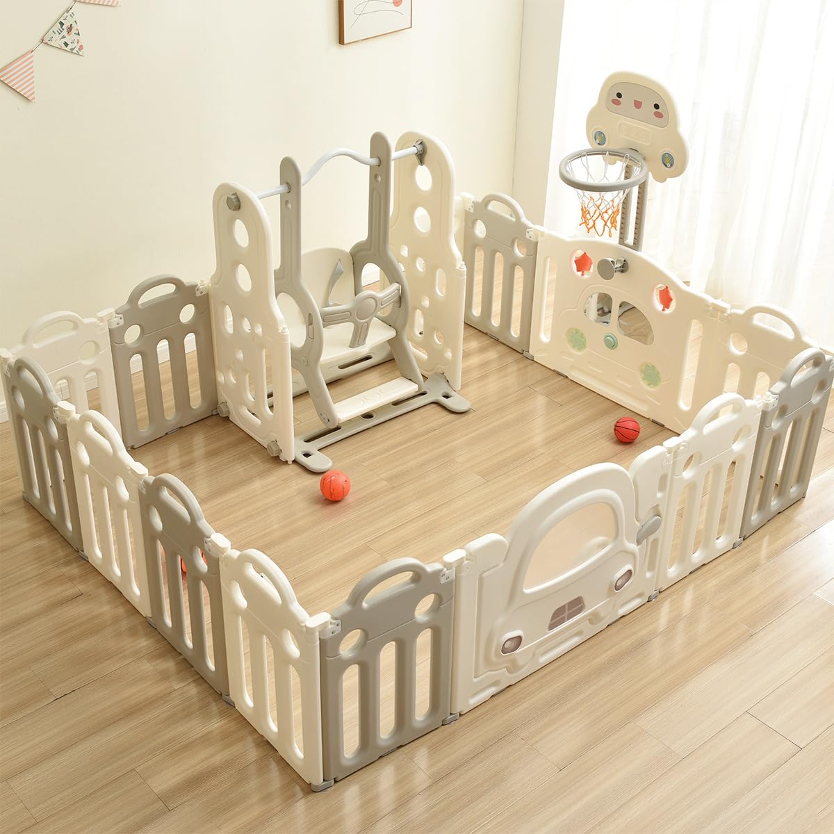 【自由に変形でき！】 お部屋に合わせてお好みの形にアレンジすることができます。【より安全な高さ】 パネルの高さはたっぷりの61m、安全性を考慮した高さで、お子様が乗り越えにくい仕様です。【手足が挟まりにくい設計 】お子様が指や手を挟んでケガをしないように、各パネルの隙間や間隔などは緻密に計算されています。【角丸デザイン】 安心の角丸設計で、お子様の安全を守ります。【地球と子供に優しいHDPE素材 】ツルツルしたHDPE素材なので水濡れに強く、汚れてしまってもすぐに拭き取ってきれいにすることができる。無害・無毒 赤ちゃんが舐めてしまっても問題ない材質でできてるので安心です。【商品仕様】 A ホワイト+グレー(14枚セット)：バスケットゴール付き ブランコ、滑り台なし カラー：ホワイト+グレー 素材：HDPE 梱包数量：1 梱包サイズ ：幅67×奥行81.5×高さ29cm 重量（Net weight）：14kg 重量（Gross weight）：15.7kg 対象年齢：5ヶ月〜 生産国：中国 A ホワイト+グレー(14枚セット)：バスケットゴール+ブランコ付き 滑り台なし カラー：ホワイト+グレー 素材：HDPE 梱包数量：2 梱包サイズ1：幅67×奥行81.5×高さ29cm 重量1：15.7kg 梱包サイズ2：幅97×奥行50×高さ17cm 重量2： 8kg 対象年齢 ：5ヶ月〜 生産国 中国 ご注意：梱包個数は複数個になり、お届け日・時間に若干のずれが生じる場合がございます。 A ホワイト+グレー(14枚セット)：バスケットゴール+ブランコ+滑り台付き カラー：ホワイト+グレー 素材：HDPE 梱包数量：3 梱包サイズ1：幅67×奥行81.5×高さ29cm 重量1：15.7kg 梱包サイズ2：幅97×奥行50×高さ17cm 重量2： 8kg 梱包サイズ3：幅72×奥行40×高さ15cm 重量3： 4kg 対象年齢 ：5ヶ月〜 生産国 中国 ご注意：梱包個数は複数個になり、お届け日・時間に若干のずれが生じる場合がございます。 B ベージュ+ブラウン(10枚セット)：バスケットゴール付き ブランコ、滑り台なし カラー：ベージュ+ブラウン 素材：HDPE 梱包数量：1 梱包サイズ ：幅103×奥行64×高さ63cm 重量（Gross weight）：14.6kg 対象年齢：5ヶ月〜 生産国：中国 B ベージュ+ブラウン(10枚セット)：バスケットゴール+ブランコ付き 滑り台なし カラー：ベージュ+ブラウン 素材：HDPE 梱包数量：3 梱包サイズ1：幅81×奥行64×高さ15cm 重量1：6.7kg 梱包サイズ2：幅99×奥行49×高さ20cm 重量2： 8.5kg 梱包サイズ3：幅103×奥行64×高さ27cm 重量3：14.6kg 対象年齢 ：5ヶ月〜 生産国：中国 ご注意：梱包個数は複数個になり、お届け日・時間に若干のずれが生じる場合がございます。 B ベージュ+ブラウン(10枚セット)：バスケットゴール+ブランコ+滑り台付き カラー：ベージュ+ブラウン 素材：HDPE 梱包数量：4 梱包サイズ1：幅81×奥行64×高さ15cm 重量1：6.7kg 梱包サイズ2：幅99×奥行49×高さ20cm 重量2： 8.5kg 梱包サイズ3：幅103×奥行64×高さ27cm 重量3：14.6kg 梱包サイズ4：幅83×奥行38×高さ19cm 重量4：5.8kg 対象年齢 ：5ヶ月〜 生産国：中国 ご注意：梱包個数は複数個になり、お届け日・時間に若干のずれが生じる場合がございます。
