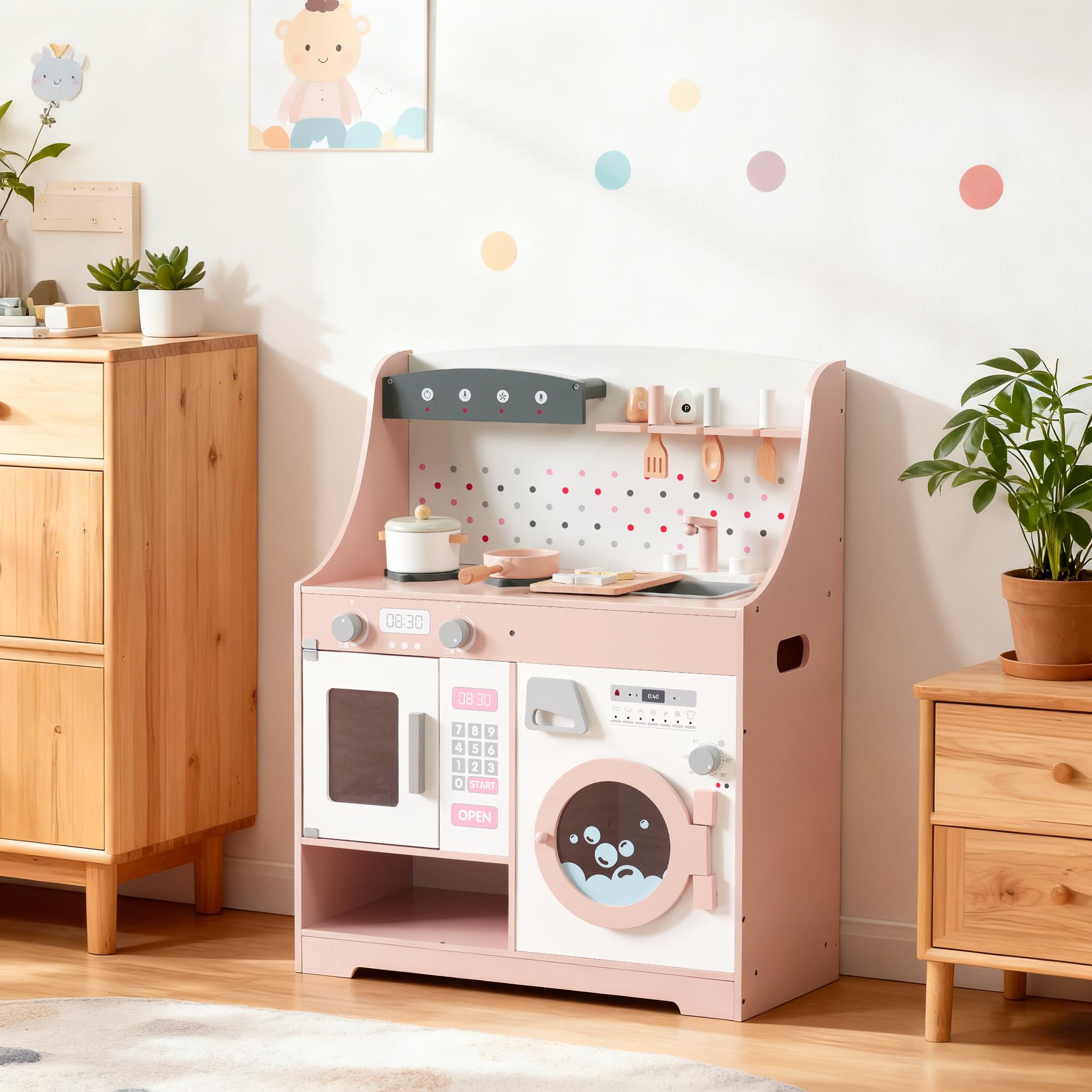Rakuten - おままごと キッチン 木製 台所 調理器具付き 調味料 食材 知育玩具 洗濯機 コンロミニキッチン おもちゃキッチン ギフトボックス付き (B-ピンク)
