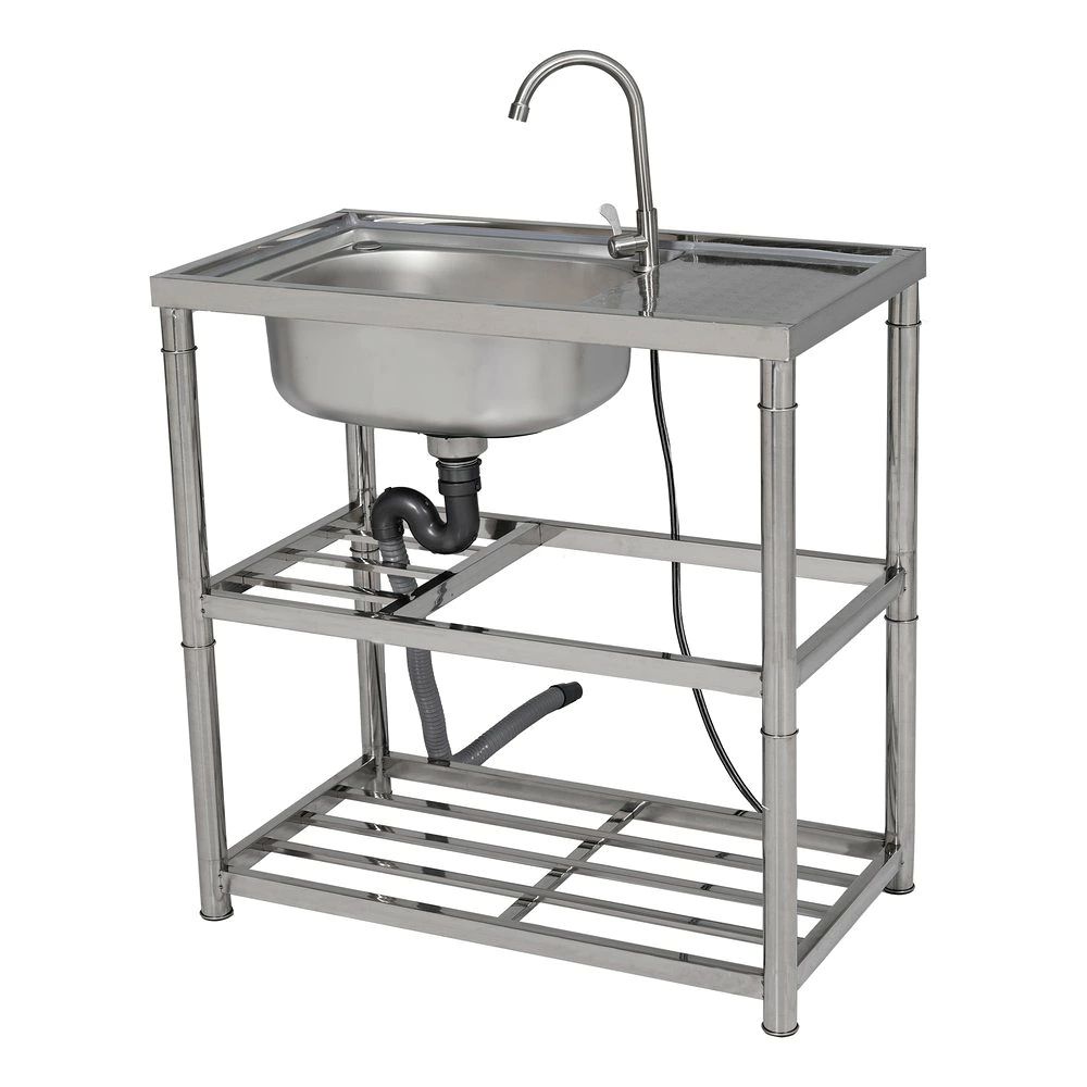 【商品詳細】 Dimensions & Details style="width: 40%;line-height:24px;padding: 12px 16px;background: #F7F8FA;border-right: 1px solid #E5E5E5;border-bottom: 1px solid #E5E5E5;word-break: break-word;white-space: pre-wrap">・素材 style="width: 60%;line-height:18px;padding: 12px 16px;border-bottom: 1px solid #E5E5E5;word-break: break-word;white-space: pre-wrap">スチール style="width: 40%;line-height:24px;padding: 12px 16px;background: #F7F8FA;border-right: 1px solid #E5E5E5;border-bottom: 1px solid #E5E5E5;word-break: break-word;white-space: pre-wrap">・カラー style="width: 60%;line-height:18px;padding: 12px 16px;border-bottom: 1px solid #E5E5E5;word-break: break-word;white-space: pre-wrap">シルバー style="width: 40%;line-height:24px;padding: 12px 16px;background: #F7F8FA;border-right: 1px solid #E5E5E5;border-bottom: 1px solid #E5E5E5;word-break: break-word;white-space: pre-wrap">・商品サイズ style="width: 60%;line-height:18px;padding: 12px 16px;border-bottom: 1px solid #E5E5E5;word-break: break-word;white-space: pre-wrap">L80xW44.5xH80cm style="width: 40%;line-height:24px;padding: 12px 16px;background: #F7F8FA;border-right: 1px solid #E5E5E5;border-bottom: 1px solid #E5E5E5;word-break: break-word;white-space: pre-wrap">・梱包数 style="width: 60%;line-height:18px;padding: 12px 16px;border-bottom: 1px solid #E5E5E5;word-break: break-word;white-space: pre-wrap">1 style="width: 40%;line-height:24px;padding: 12px 16px;background: #F7F8FA;border-right: 1px solid #E5E5E5;border-bottom: 1px solid #E5E5E5;word-break: break-word;white-space: pre-wrap">・梱包サイズ style="width: 60%;line-height:18px;padding: 12px 16px;border-bottom: 1px solid #E5E5E5;word-break: break-word;white-space: pre-wrap">84*49*26.5cm style="width: 40%;line-height:24px;padding: 12px 16px;background: #F7F8FA;border-right: 1px solid #E5E5E5;border-bottom: 1px solid #E5E5E5;word-break: break-word;white-space: pre-wrap">・重量（N.W.） style="width: 60%;line-height:18px;padding: 12px 16px;border-bottom: 1px solid #E5E5E5;word-break: break-word;white-space: pre-wrap">5KG style="width: 40%;line-height:24px;padding: 12px 16px;background: #F7F8FA;border-right: 1px solid #E5E5E5;border-bottom: 1px solid #E5E5E5;word-break: break-word;white-space: pre-wrap">・重量（G.W.） style="width: 60%;line-height:18px;padding: 12px 16px;border-bottom: 1px solid #E5E5E5;word-break: break-word;white-space: pre-wrap">6.7KG style="width: 40%;line-height:24px;padding: 12px 16px;background: #F7F8FA;border-right: 1px solid #E5E5E5;border-bottom: 1px solid #E5E5E5;word-break: break-word;white-space: pre-wrap">・生産国 style="width: 60%;line-height:18px;padding: 12px 16px;border-bottom: 1px solid #E5E5E5;word-break: break-word;white-space: pre-wrap">中国 style="width: 40%;line-height:24px;padding: 12px 16px;background: #F7F8FA;border-right: 1px solid #E5E5E5;border-bottom: 1px solid #E5E5E5;word-break: break-word;white-space: pre-wrap">・組立品/完成品 style="width: 60%;line-height:18px;padding: 12px 16px;border-bottom: 1px solid #E5E5E5;word-break: break-word;white-space: pre-wrap">組立品 【セールスポイント】◎01【清潔で快適な屋外作業に】サビに強いステンレス製の屋外シンクです。ガーデニングやBBQの準備、ペットの足洗いなど、屋外でのちょっとした洗い物にとても便利です。丈夫でサビにくい素材を使用しており、雨ざらしの場所でも安心して長くご使用いただけます。シンプルで使いやすいデザインで、毎日の暮らしをより快適にサポートします。◎02【豊富な付属品付きで便利！】届いてすぐに組み立てていただけます。（フレキホース）（蛇口アダプター） （排水セット）（ステンレス製水栓蛇口）（S型排水木一ス）（コネクター）ル（シーテープ）（軍手）◎03【ステンレス製で錆びに強く、お手入れ簡単】耐久性に優れ、錆びにくいため、屋外でも安心してお使いいただけます。汚れがつきにくく、お手入れもラクラクです。◎04【手洗い・洗い物に便利な深型シンク】約16cmの深型シンクで、水ハネしにくく快適にお使いいただけます。【便利な作業台付きで、さらに使いやすく】野菜や果物を切ったり、小物を置いたりと、ちょっとした作業に便利なスペースを備えています。◎05【左右選べる蛇口位置】蛇口の位置は左右どちらでも選べ、使い勝手に合わせて調整できます。【収納棚付きでスッキリ省スペース】収納棚付きなので、洗剤や洗い物用品をすっきりまとめて、省スペースで保管できます。◎06【匂いやサビが発生しにくい設計】汚れに強く、匂いが残りにくい構造で、清潔にお使いいただけます。（防水シーりングカバー）（ごみ受けカゴ）（ステンレスカップ本体）（上部ゴムリング）（下部ゴムリング）（ABSプラスチックナット）【S字トラップで匂い・虫をブロック】排水にS字トラップを採用し、下水の匂いや虫の侵入を防ぎます。◎06【丈夫な編み込みホースで安心接続】黄色パーツ付きで、ナットの締め付けも簡単。スムーズに接続できます。形状に合わせて調整可能な蛇口アダプター付き。多種蛇口に対応し安心して使えます。おまけとしてコネクターをもう1個同梱しています。対応ホース(内径16mm 外径20mm)は付属なし・市販品をご用意ください。【材質】Steel【サイズ】84 x 49 x 26.5 cm【重量】6.7 kg