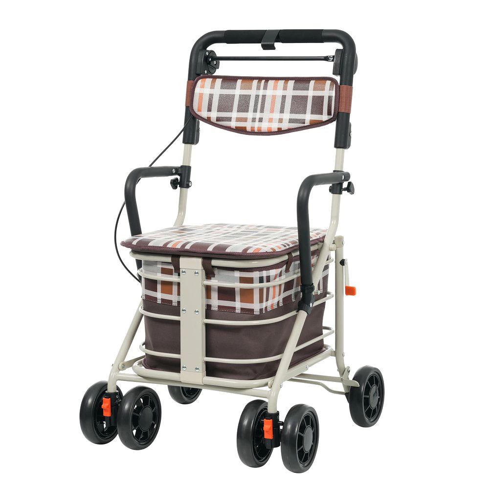 【商品詳細】 Dimensions & Details style="width: 40%;line-height:24px;padding: 12px 16px;background: #F7F8FA;border-right: 1px solid #E5E5E5;border-bottom: 1px solid #E5E5E5;word-break: break-word;white-space: pre-wrap">・素材 style="width: 60%;line-height:18px;padding: 12px 16px;border-bottom: 1px solid #E5E5E5;word-break: break-word;white-space: pre-wrap">スチール style="width: 40%;line-height:24px;padding: 12px 16px;background: #F7F8FA;border-right: 1px solid #E5E5E5;border-bottom: 1px solid #E5E5E5;word-break: break-word;white-space: pre-wrap">・カラー style="width: 60%;line-height:18px;padding: 12px 16px;border-bottom: 1px solid #E5E5E5;word-break: break-word;white-space: pre-wrap">ブラウンチェック柄 style="width: 40%;line-height:24px;padding: 12px 16px;background: #F7F8FA;border-right: 1px solid #E5E5E5;border-bottom: 1px solid #E5E5E5;word-break: break-word;white-space: pre-wrap">・商品サイズ style="width: 60%;line-height:18px;padding: 12px 16px;border-bottom: 1px solid #E5E5E5;word-break: break-word;white-space: pre-wrap">幅50*奥行き50*高さ84~89cm style="width: 40%;line-height:24px;padding: 12px 16px;background: #F7F8FA;border-right: 1px solid #E5E5E5;border-bottom: 1px solid #E5E5E5;word-break: break-word;white-space: pre-wrap">・梱包数 style="width: 60%;line-height:18px;padding: 12px 16px;border-bottom: 1px solid #E5E5E5;word-break: break-word;white-space: pre-wrap">1 style="width: 40%;line-height:24px;padding: 12px 16px;background: #F7F8FA;border-right: 1px solid #E5E5E5;border-bottom: 1px solid #E5E5E5;word-break: break-word;white-space: pre-wrap">・梱包サイズ style="width: 60%;line-height:18px;padding: 12px 16px;border-bottom: 1px solid #E5E5E5;word-break: break-word;white-space: pre-wrap">79*50*16.5cm style="width: 40%;line-height:24px;padding: 12px 16px;background: #F7F8FA;border-right: 1px solid #E5E5E5;border-bottom: 1px solid #E5E5E5;word-break: break-word;white-space: pre-wrap">・重量（N.W.） style="width: 60%;line-height:18px;padding: 12px 16px;border-bottom: 1px solid #E5E5E5;word-break: break-word;white-space: pre-wrap">6kg style="width: 40%;line-height:24px;padding: 12px 16px;background: #F7F8FA;border-right: 1px solid #E5E5E5;border-bottom: 1px solid #E5E5E5;word-break: break-word;white-space: pre-wrap">・重量（G.W.） style="width: 60%;line-height:18px;padding: 12px 16px;border-bottom: 1px solid #E5E5E5;word-break: break-word;white-space: pre-wrap">7kg style="width: 40%;line-height:24px;padding: 12px 16px;background: #F7F8FA;border-right: 1px solid #E5E5E5;border-bottom: 1px solid #E5E5E5;word-break: break-word;white-space: pre-wrap">・生産国 style="width: 60%;line-height:18px;padding: 12px 16px;border-bottom: 1px solid #E5E5E5;word-break: break-word;white-space: pre-wrap">中国 style="width: 40%;line-height:24px;padding: 12px 16px;background: #F7F8FA;border-right: 1px solid #E5E5E5;border-bottom: 1px solid #E5E5E5;word-break: break-word;white-space: pre-wrap">・組立品/完成品 style="width: 60%;line-height:18px;padding: 12px 16px;border-bottom: 1px solid #E5E5E5;word-break: break-word;white-space: pre-wrap">組立品 style="width: 40%;line-height:24px;padding: 12px 16px;background: #F7F8FA;border-right: 1px solid #E5E5E5;border-bottom: 1px solid #E5E5E5;word-break: break-word;white-space: pre-wrap">・耐荷重 style="width: 60%;line-height:18px;padding: 12px 16px;border-bottom: 1px solid #E5E5E5;word-break: break-word;white-space: pre-wrap">80KG 【セールスポイント】◎01毎日のお買い物やお散歩に、ちょっとした安心をプラス。疲れたときは座ってひと休み、飲み物や食料品などもしっかり収納できます。折りたためばコンパクトになり、持ち運びや収納もスムーズ。毎日の「買い物・散歩・ひと休み」を、この一台でやさしくサポートします。◎02【大容量収納】座面の下に大きな収納カゴ。飲み物や食品、日用品までまとめて収納できます。口が広く出し入れスムーズ。後ろにも取り出し口があり、立ったままで簡単に物を取り出せるので、高齢者にも便利です。◎03【かんたん折りたたみ＆自立収納】軽く持ち上げてロックを固定するだけ。安全に折りたためて、そのまま自立。置き場所に困らず、毎日の使用も安心です。【ステアリング位置決めボタン】0°直進しっかり直進。安定した走行に最適。90°回転 前輪が左右45°まで動き、曲がり角もスムーズ。360°回転 前輪が自由に回転し、狭い場所での方向転換もラクラク。◎04【3WAY キャスター】使用シーンに合わせて前輪の動きを3段階で調整可能。まっすぐ安定して進みたいときも、曲がりやすさを重視したいときも、状況に応じて切り替えられます。◎05【握るだけで安心ブレーキ】制動ブレーキ：ハンドルと一緒に握るだけで、すぐにブレーキがかけられるので安心です。駐車ブレーキ：レバーをカチッと掛けるだけでしっかり固定され、車が動かなくなります。ブレーキの強さを自由調整可能：高齢者の方でも安心して使えるよう、ブレーキのかかり具合は握る力に合わせて調整可能です。◎06【ハンドル高さ 2段階調整】ボタンを押すだけで、ハンドルの高さを2段階に切り替え可能。体格に合わせて、ラクに調整できます。】手すりの高さは3段階で調節可能で、さまざまな身長に適しています。◎07【背もたれ付きでゆったり休憩】座ったときに背中をしっかり支えてくれる背もたれ付き。◎08【ひじ掛け付きで、もっと安心】ひじ掛けがあるから、座る・立ち上がる動作をしっかりサポート。休憩中も腕が楽です。◎09【ゆったり座れる幅広座面】座面はゆったり座れる幅広の 37cm。柔らかいクッション入りです。耐荷重　80kg◎10【お手入れラクラク】PUレザーPUレザー素材で、汚れてもサッと拭き取れてお手入れ簡単。【材質】Steel【サイズ】79 x 50 x 16.5 cm【重量】7 kg