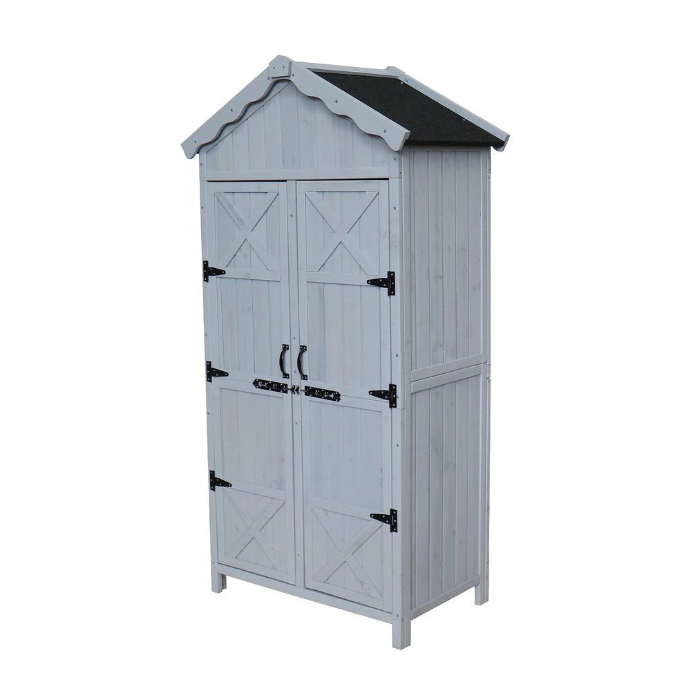 【商品詳細】 Dimensions & Details style="width: 40%;line-height:24px;padding: 12px 16px;background: #F7F8FA;border-right: 1px solid #E5E5E5;border-bottom: 1px solid #E5E5E5;word-break: break-word;white-space: pre-wrap">・素材 style="width: 60%;line-height:18px;padding: 12px 16px;border-bottom: 1px solid #E5E5E5;word-break: break-word;white-space: pre-wrap">天然木 style="width: 40%;line-height:24px;padding: 12px 16px;background: #F7F8FA;border-right: 1px solid #E5E5E5;border-bottom: 1px solid #E5E5E5;word-break: break-word;white-space: pre-wrap">・カラー style="width: 60%;line-height:18px;padding: 12px 16px;border-bottom: 1px solid #E5E5E5;word-break: break-word;white-space: pre-wrap">ナチュラル、グレー style="width: 40%;line-height:24px;padding: 12px 16px;background: #F7F8FA;border-right: 1px solid #E5E5E5;border-bottom: 1px solid #E5E5E5;word-break: break-word;white-space: pre-wrap">・商品サイズ style="width: 60%;line-height:18px;padding: 12px 16px;border-bottom: 1px solid #E5E5E5;word-break: break-word;white-space: pre-wrap">75*45*164cm style="width: 40%;line-height:24px;padding: 12px 16px;background: #F7F8FA;border-right: 1px solid #E5E5E5;border-bottom: 1px solid #E5E5E5;word-break: break-word;white-space: pre-wrap">・梱包数 style="width: 60%;line-height:18px;padding: 12px 16px;border-bottom: 1px solid #E5E5E5;word-break: break-word;white-space: pre-wrap">1 style="width: 40%;line-height:24px;padding: 12px 16px;background: #F7F8FA;border-right: 1px solid #E5E5E5;border-bottom: 1px solid #E5E5E5;word-break: break-word;white-space: pre-wrap">・梱包サイズ style="width: 60%;line-height:18px;padding: 12px 16px;border-bottom: 1px solid #E5E5E5;word-break: break-word;white-space: pre-wrap">88*74*27cm style="width: 40%;line-height:24px;padding: 12px 16px;background: #F7F8FA;border-right: 1px solid #E5E5E5;border-bottom: 1px solid #E5E5E5;word-break: break-word;white-space: pre-wrap">・重量（N.W.） style="width: 60%;line-height:18px;padding: 12px 16px;border-bottom: 1px solid #E5E5E5;word-break: break-word;white-space: pre-wrap">24KG style="width: 40%;line-height:24px;padding: 12px 16px;background: #F7F8FA;border-right: 1px solid #E5E5E5;border-bottom: 1px solid #E5E5E5;word-break: break-word;white-space: pre-wrap">・重量（G.W.） style="width: 60%;line-height:18px;padding: 12px 16px;border-bottom: 1px solid #E5E5E5;word-break: break-word;white-space: pre-wrap">27KG style="width: 40%;line-height:24px;padding: 12px 16px;background: #F7F8FA;border-right: 1px solid #E5E5E5;border-bottom: 1px solid #E5E5E5;word-break: break-word;white-space: pre-wrap">・生産国 style="width: 60%;line-height:18px;padding: 12px 16px;border-bottom: 1px solid #E5E5E5;word-break: break-word;white-space: pre-wrap">中国 style="width: 40%;line-height:24px;padding: 12px 16px;background: #F7F8FA;border-right: 1px solid #E5E5E5;border-bottom: 1px solid #E5E5E5;word-break: break-word;white-space: pre-wrap">・組立品/完成品 style="width: 60%;line-height:18px;padding: 12px 16px;border-bottom: 1px solid #E5E5E5;word-break: break-word;white-space: pre-wrap">組立品 style="width: 40%;line-height:24px;padding: 12px 16px;background: #F7F8FA;border-right: 1px solid #E5E5E5;border-bottom: 1px solid #E5E5E5;word-break: break-word;white-space: pre-wrap">・耐荷重 style="width: 60%;line-height:18px;padding: 12px 16px;border-bottom: 1px solid #E5E5E5;word-break: break-word;white-space: pre-wrap">棚板　約20kg 底板　約30kg 【セールスポイント】◎01【ガーデニング用品や日用品を、すっきり美しく収納】使いやすさとデザイン性を兼ね備えた、屋外用木製収納庫。お庭やベランダに自然に馴染み、毎日の暮らしを快適に整えます。天然木杉材 棚*3枚◎02【使いやすさを考えた収納設計】棚付きで、小物から長物まで効率よく整理。高さ違いのスペースで、道具を無駄なく収納できます。◎03【雨に強く、安心して使える屋根】アスファルトシングルを採用し、防水性と耐久性を確保。屋外でも安心して使えるしっかりしたつくりです。切妻の屋根で雨水がスムーズに流れやすく、汚れや水たまりが溜まりにくい設計です。◎04【取り出しやすい両開き扉】側面にフックを設置。スコップや手袋などをサッと掛けられ、使いたい時にすぐ取り出せます。作業効率もアップします。◎05【観音開きで中身が見やすい】観音開きで中身がひと目で確認でき、必要な物をサッと取り出せます。握りやすい取っ手。◎06【湿気を防ぐ脚付き構造】地面から少し浮かせることで、湿気や水の影響を軽減。通気性を保ち、収納物を清潔に保ちやすくなっています。◎07【空間になじむ天然木の風合い】杉材ならではのあたたかみある質感。お庭やベランダにやさしく馴染み、空間を引き立てます。※木目には個体差があります。◎08乾燥処理と屋外用塗装を施し、雨や湿気に強く、カビの発生も抑えやすい仕様です。長く安心してお使いいただけます。【材質】Wood【サイズ】91 x 72 x 27.5 cm【重量】27 kg