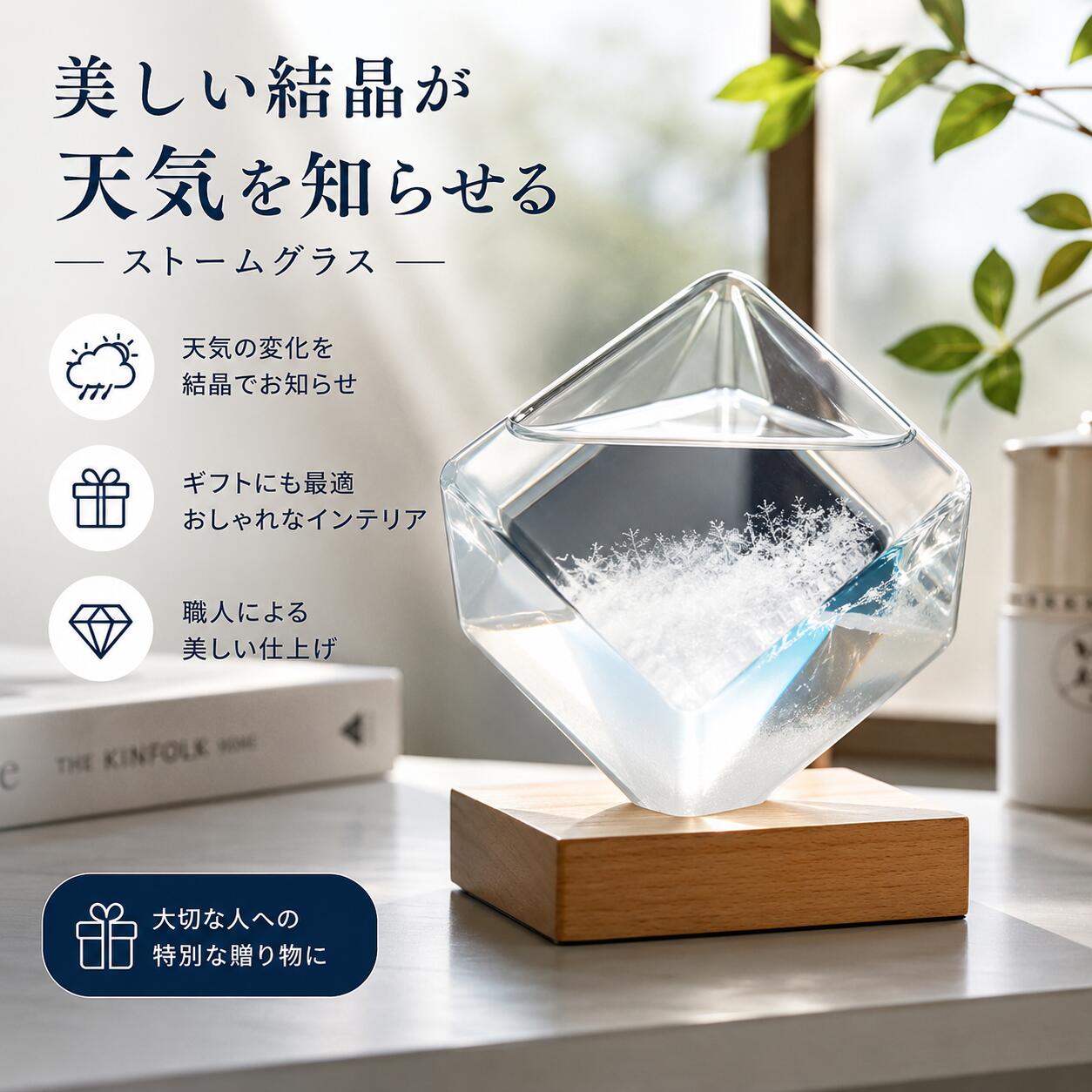 品名ストームグラス商品紹介【天気の変化を楽しむストームグラス】瓶の中にできる結晶の変化を観察しながら、日々の天気や気温の移り変わりを楽しめるインテリアアイテム。毎日少しずつ異なる表情を見せてくれるのが魅力です。【美しい結晶を楽しめる】透明なガラスの中に現れる結晶が、光の当たり方によってさまざまな表情を見せます。置いておくだけでも目を引く、個性的なガラスオブジェです。【高ホウケイ酸ガラスを使用】本体には高ホウケイ酸ガラスを採用。透明感のあるシンプルなデザインで、さまざまなインテリアに合わせやすいアイテムです。【インテリアとして飾りやすい】リビングや玄関、寝室、デスクなど、好きな場所に置いて楽しめます。ナチュラルテイストからモダンな空間まで、さりげなく取り入れやすいデザインです。【毎日の変化を眺める楽しみ】気温や環境の変化によって瓶の中の結晶の状態が変わるため、毎日の様子を観察する楽しみがあります。忙しい日常の中で、ふと眺めたくなる癒し系インテリアにもおすすめです。【個性的なガラスギフト】一般的な実用品とはひと味違う、遊び心のあるプレゼント。誕生日、記念日、バレンタイン、クリスマスなど、男女問わず贈りやすいギフトアイテムです。【さまざまなシーンで楽しめる】自宅のインテリアとしてはもちろん、オフィスのデスクや書斎などにも。置く場所を選びにくく、空間のアクセントとして取り入れられます。【シンプルで飽きにくいデザイン】ガラスの透明感を活かしたシンプルな仕上がり。派手すぎないため、長く飾って楽しみたい方にもおすすめです。【商品仕様】商品名:ストームグラス・天気瓶素材:高ホウケイ酸ガラス表面加工:研磨仕上げ用途:インテリア・置物・ギフト使用シーン:自宅・リビング・玄関・デスク・オフィスなど本品は気象観測機器ではありません。瓶内の結晶の状態は気温や環境などによって変化しますが、実際の天気を正確に予測するものではありません。急激な温度変化を避け、安定した場所でお楽しみください。ガラス製品のため、落下や強い衝撃にください。モニター環境や撮影時の光の加減により、実際の色味と多少異なって見える場合がございます。製造工程の都合上、サイズや縫製などに若干の個体差が生じる場合がございますが、品質には問題ございません。本来の用途以外でのご使用はお控えください。サイズは手作業での測定のため、1〜3cm程度の誤差が生じる場合がございます。あらかじめご了承ください。備考当店の商品は全て国内から配送されます。国内配送の商品は国内でのお買い物と同じく消費税が発生いたします。関税はかかりません。保障【30日メーカー保証】【返品・交換について】商品到着後、万が一品質不良や破損などの問題がございましたら、返品・交換対応をさせていただきます。なお、お客様都合による返品・交換はお受けできない場合がございます。また、使用済み・洗濯済み・人為的な汚損や破損など、再販売が困難な商品につきましては返品・交換をお受けできませんので、あらかじめご了承ください。関連キーワードストームグラス 天気瓶 天気予報瓶 天気管 天気オブジェ ガラスオブジェ ガラス置物 ガラス工芸品 ガラスインテリア クリスタルオブジェ インテリア雑貨 おしゃれ 置物 卓上インテリア デスクインテリア 癒しグッズ 癒しインテリア 天気観察 結晶 観察グッズ 高ホウケイ酸ガラス 誕生日プレゼント バースデーギフト バレンタイン ホワイトデー クリスマスプレゼント 記念日 ギフト プレゼント 男性 女性 男女兼用 贈り物 お祝い 新築祝い 引っ越し祝い オフィス デスク リビング 玄関 書斎ストームグラス 天気瓶 天気予報瓶 ガ 透明 ブルー 小さい 大きい