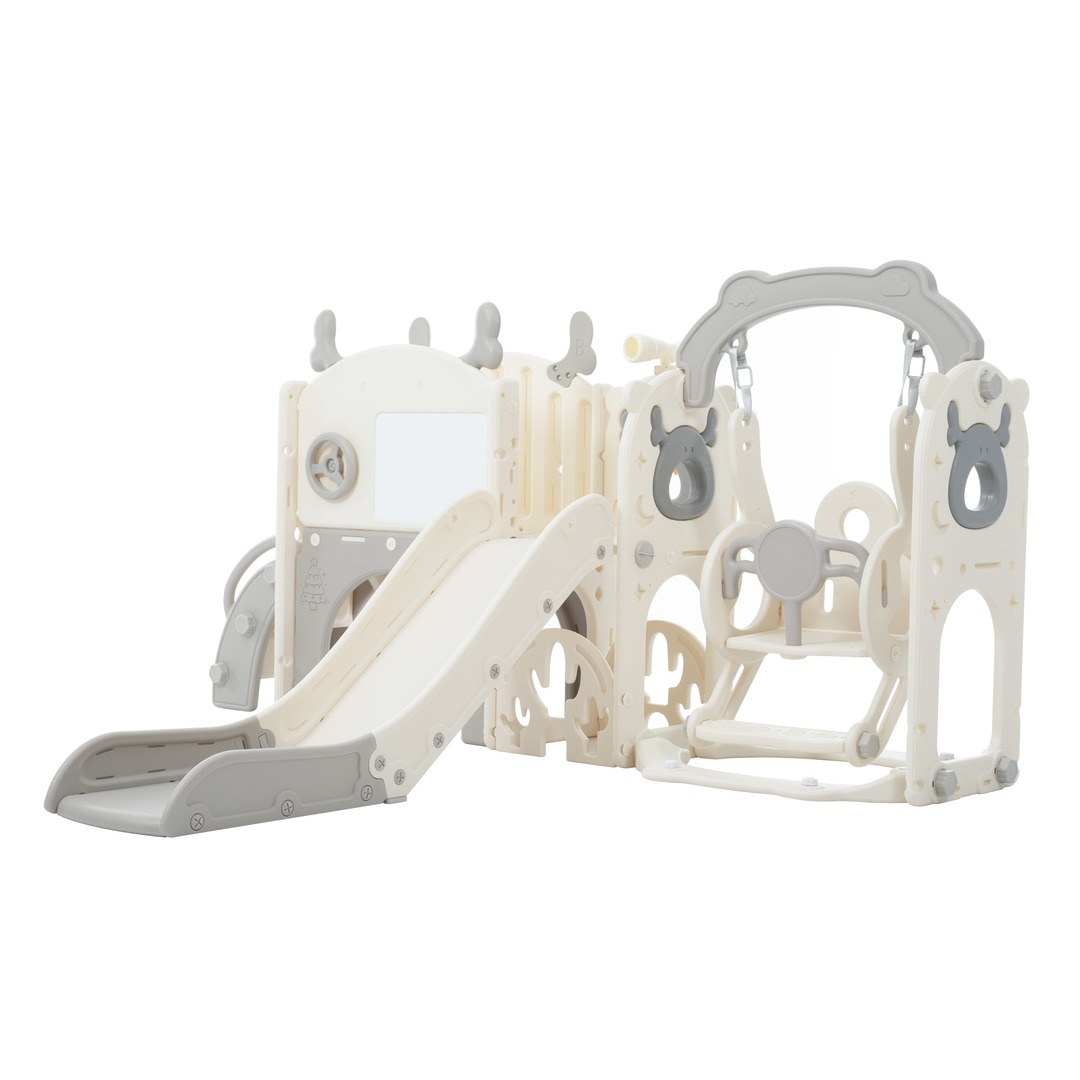 【商品詳細】Dimensions & Details・素材HDPE・カラーホワイト+グレー・商品サイズ210*185*104.5cm・梱包数1・梱包サイズ85*49*46cm・重量（N.W.）18kg・重量（G.W.）19.8kg・生産国中国・組立品/完成品組立品・利用推奨年齢3歳以上・安全基準EN71・耐荷重50KG【セールスポイント】◎01【夢中になれる滑り台】すべり始めはゆっくり、最後までなめらかに楽しめる設計。初めての滑り台遊びにもおすすめです。滑り台の耐荷重：50kg◎02 【サイドガード付き】両側をしっかり囲む設計で、滑る時の落下リスクを軽減します。【滑り止めパッド付き】床へのズレを抑え、安定して遊べます。【使わない時はコンパクト収納】滑り台部分を立てて、コンパクトに収納できます。お掃除やお部屋を広く使いたい時にも便利です。◎03【おうちで楽しいブランコ遊び】おうちにいながら、公園気分でゆらゆら遊べるブランコ。毎日の遊び時間をもっと楽しくします。ブランコの耐荷重：50kg【2段階高さ調節】お子さまの成長に合わせて、高さを調節できます。◎04【安心して遊べる設計】チャイルドガード+底部に吸盤付き。注水式ベースで安定感アップ。【お絵かきも楽しめる】描いて、消して、何度でも楽しめる。お絵描きや文字の練習にも使え、遊びながら創造力を広げます。◎05【一歩ずつ登れる安心ステップ】ステップはお子さまが登りやすい高さに設計。約101cmの広々とした通路は、歩いたり座ったり、ごっこ遊びを楽しんだり。滑る前の時間も、楽しい遊びになります。◎06【ワクワク広がるトンネル遊び】くぐったり、隠れたり、のぞいたり。秘密基地のような空間で、想像力をふくらませながら遊べます。◎07【遊び方が広がる楽しい仕掛け】遊び心をくすぐる仕掛けがいっぱい。お子さまの想像の世界がどんどん広がります。【バスケットゴール】シュート遊びを楽しみながら、ボール遊びにもチャレンジ。※ボールは付属しません。◎08【望遠鏡付き】のぞいて探して、冒険ごっこや探検遊びを楽しめます。【ハンドル付き】車を運転するようなごっこ遊びも楽しめます。【ゴルフホール付き】ボールを転がして遊べる、楽しい遊びのアクセントに。◎09 【収納スペース】遊んだおもちゃをすっきり収納。リビングでも散らかりにくく、片付けもスムーズです。【思わず置きたくなるデザイン】やさしいカラーとかわいい小鹿モチーフ。お部屋になじみやすく、リビングにも置きやすいデザインです。◎10【毎日使うものだから、安心品質】丈夫で耐久性に優れたHDPE素材を採用。角を丸く仕上げたやさしい設計で、お子さまにも配慮しました。毎日安心して遊べるよう、細部までこだわった多機能滑り台です。【材質】HDPE【サイズ】86 x 47 x 47 cm【重量】19.8 kg