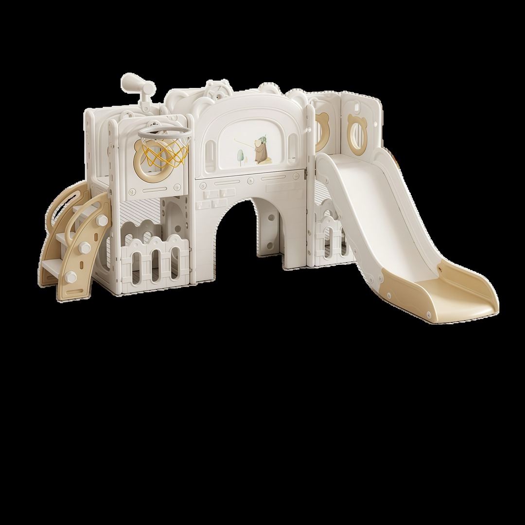 【商品詳細】Dimensions & Details・素材HDPE・カラーホワイト+カーキ・商品サイズ146*148*83cm・梱包数1・梱包サイズ86.5*53*49.5cm・重量（N.W.）18.5kg・重量（G.W.）20kg・生産国中国・組立品/完成品組立品・利用推奨年齢3歳以上・安全基準EN71・耐荷重40KG【セールスポイント】◎01【毎日がもっと特別な遊び時間に】すべり台・ごっこ遊び・知育要素がひとつになった、成長サポートプレイセット！お家の中で全身を使って遊べるから、雨の日も退屈知らずです。【多機能でお子さまが日ワクワク!】1.望遠鏡2.バスケットゴール3.収納スペース4.滑り台5.トンネル6.ステップ7.お絵描きボ一ド8.ハンドル◎02 【ロングすべり台】なめらかロングスライドで爽快にすべって達成感UP！遊ぶほどにバランス感覚と体の使い方が自然と身につきます。スタートスペースが広めで安心。使わないときは折りたたんでコンパクトに収納できます。◎03 【お絵描きボード】自由に描いて、消して、繰り返し楽しめる！指先の発達を助け、創造力を引き出す知育遊びに最適です。※水性ペンは撮影用の道具で、実際の商品には付属しておりません。◎04【トンネル遊び】くぐって前に進む全身運動で、腕や脚の力をしっかり育成。ハイハイやよちよち期の運動発達にも役立ちます。キッズサッカーのゴールとしても使えて、遊びの幅がさらに広がります。◎05【のぼりやすいステップ】手すり付きで安心して上り下りできる設計。足先保護ガードと適切な段差で、小さなお子さまでも踏み外しにくく安全です。◎06【のぞける望遠鏡】「なにが見えるかな？」と覗くだけでワクワク。好奇心を刺激し、観察する力を育てます。【くるくるハンドル】くるっと回して運転気分♪腕や手指をしっかり動かしながら、ごっこ遊びの世界が広がります。◎07【バスケットゴール】ねらって投げて「できた！」を増やす。室内でも適度に体を動かせて、運動習慣づくりにもピッタリ。※ボールは付属しておリません。◎08【長めの通路】「おうち」「秘密基地」など想像が広がるワクワク空間。お友達と一緒でものびのび楽しめるゆとりある通路です。【2ヵ所の収納スペース】遊具内におもちゃをサッと片付け。遊び終わりの「お片付け習慣」も身につきます。◎09【安定感の高いL型構造。】ぐらつきにくく、安心して遊べます。【高品質のHDPEを採用】原料の安全性をしっかり管理し、HDPE材質を採用し、匂いがなく、エコでより安全安心!【安全性テストに合格】ヨー口ッパ規格EN71】を取得済み。【材質】HDPE【サイズ】86.5 x 53 x 49.5 cm【重量】20 kg