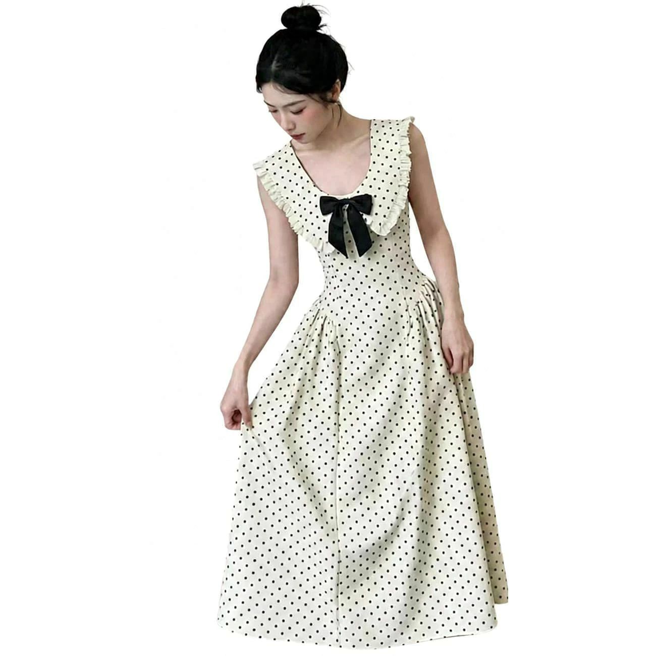 【レトロドット】 ワンピース レディース ロング マキシ丈 ノースリーブ ドット柄 水玉 リボン フリル襟 ビッグカラー Aライン ウエストマーク ロングワンピ 体型カバー 着痩せ 細見え デート 旅行 お出かけ リゾート 春 夏 秋 大人可愛い きれいめ カジュアル 20代：モノリ