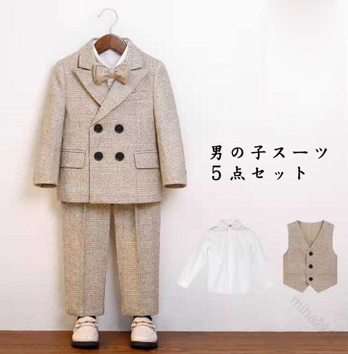Rakuten - **品質良い 上品 キッズスーツ 男の子用 厚手 秋冬春 チェック柄 ジャケット ズボン ベスト シャツ 蝶ネクタイ 高級感 紳士服** 2. **入学式 卒業式 七五三 パーティー 発表会 舞台衣装 音楽会 演奏会 ダブルブレスト ダークグレー カーキ** 3. **子供服 スーツセット