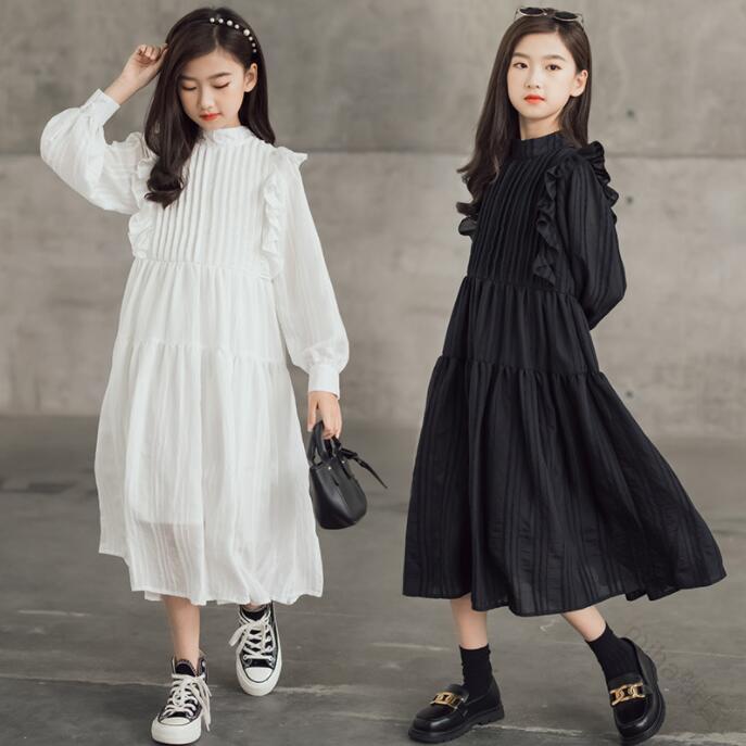 Dresses - 白 ワンピース 長袖 ロングドレス Aライン 子供服 女の子 ガールズ プリンセス ナチュラル ホワイト ブラック 120cm 130cm 140cm 150cm 160cm 165cm 可愛い お洒落 春 秋 結婚式 発表会 七五三 小学生 ジュニア 旅行