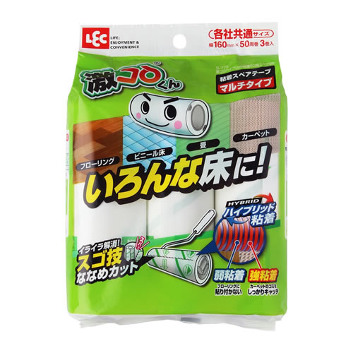 ■本体サイズ: 16×5.5×5.5cm (1本あたり) ■本体重量: 0.113kg (1本あたり) ■内容: 3本入 ■特徴: フローリングにもつかえるマルチタイプ。 ●カーペットはもちろん、フローリングや畳、ビニール床にも使えるマルチタイプ。 ●イライラ解消。スパっと切れるスゴ技ななめカット。 ●「うまく切れない」「めくり口が見つからない」そんな不満を解消したカーペットクリーナーです。 ●カーペットの凹凸に入り込む、スジ塗り強粘着タイプです。 ●めくり口がわかりやすい【めくり側お知らせ矢印】と【切れ端まるわかりライン】が印刷されています。 ●転がす方向がわかりやすい【回転方向矢印マーク】付き。 ●カットが簡単。ひっぱるだけでスパっと切れる【斜めミシン目】です。 ●各社共通サイズです。 カーペット、フローリング、畳やビニール床にも使えるマルチタイプの粘着スペアテープ