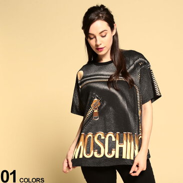 MOSCHINO (モスキーノ) バイカープリント クルーネック 半袖 Tシャツブランド レディース トップス Tシャツ 半袖 プリントT 春 夏 クルー 総柄 派手 ジップ コットン MHL07015540A 流行 メンズファッション ブランド 原宿ゼンモール