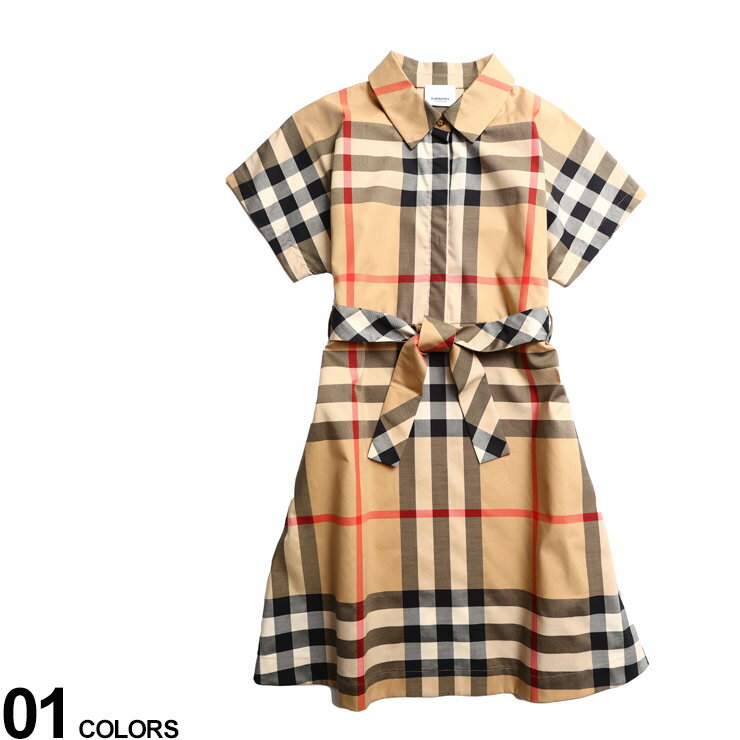 BURBERRY (バーバリー) チェック タイウエスト 半袖 シャツドレスブランド キッズ 子供服 トップス 女子服 ワンピース スカート BBK8053855