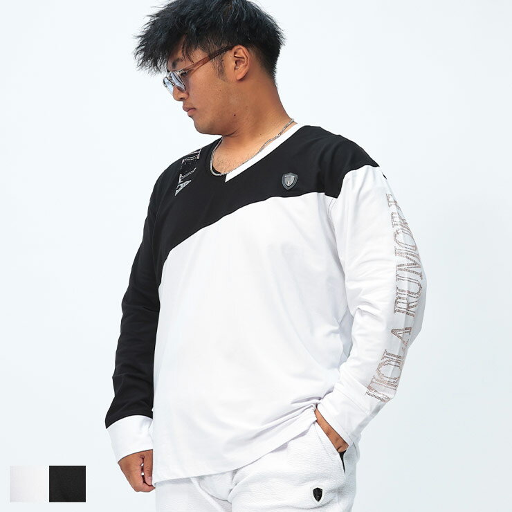 Rakuten - VIOLA rumore (ヴィオラルモーレ) ラインストーン使い ラメロゴプリント 切替 Vネック 長袖 Tシャツ Y53101D22 大きいサイズ メンズ トップス Tシャツ 長袖 ロンT プリント ストレッチ