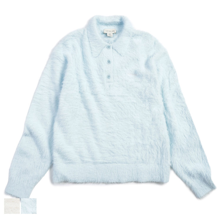 カルバンクライン レディース ニット 長袖 Calvin Klein ロゴ 刺繍 ファジーニット 襟付き ポロセーター CKLLV044E370G ブランド トップス ホワイト サックス
