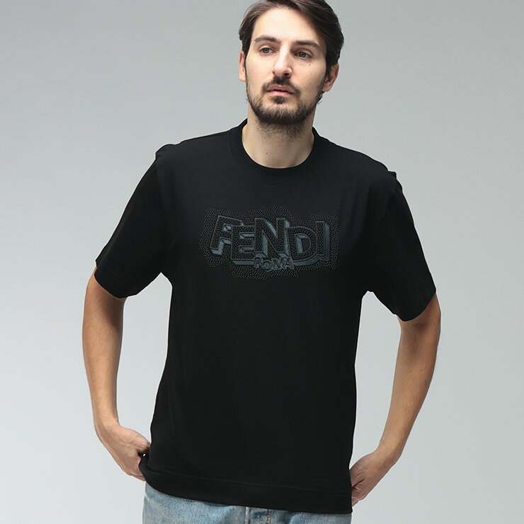 乐天商城 - フェンディ メンズ Tシャツ 半袖 FENDI ロゴ 刺繍 クルーネック コットン Tシャツ FDFY0936AW0W ブランド トップス ブラック