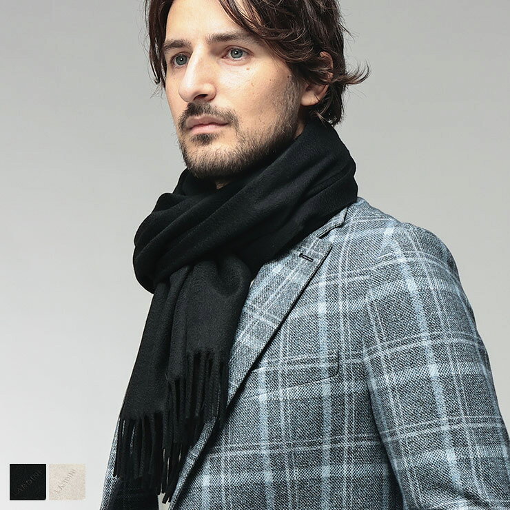 ラルディーニ LARDINI メンズ マフラー カシミヤ 無地 ワンポイントロゴ フリンジ ...