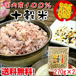 国産 十穀米270g×2 【送料無料】【メール便】国内産雑穀100％使用もち米、丸麦、押し麦、緑米、黒米、赤米、挽き割り大豆、挽き割り小豆、もちきび、そば米（そば）