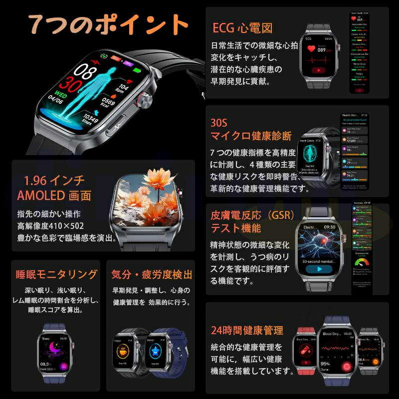スマートウォッチ 日本製 血圧 心拍数 血糖値 1.95インチ スマートウォッチ 心電図 血圧測定 血中脂質 尿酸 AI診断 体温 歩数計 SOS 長座注意 高精度心拍数 血中酸素 睡眠 IP68防水 iPhone/Android対応 日本語対応 24時間体温測定 睡眠検測 日本語説明書 クリスマス ギフト - Image 2