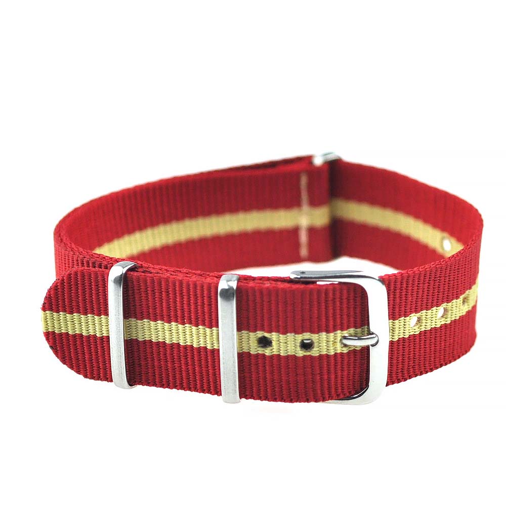 ご購入前の注意 配送方法 商品説明 品番enb140素材ナイロンサイズ展開20mmカラー展開ベルトカラー:レッド＆クリームバックルカラー:シルバー取付部形状NATO長さ約260mm厚さ約1~3mm重量約10~15gバックルピンバックル付き備考なし