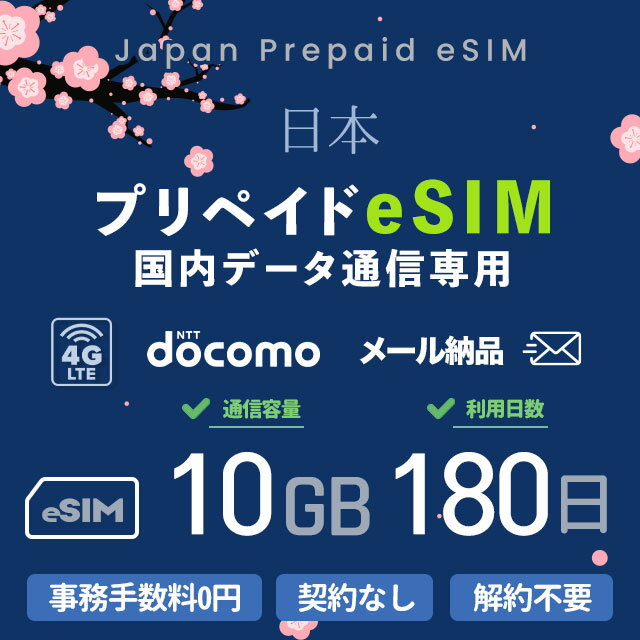 メール納品　eSIM 日本 国内 プリペイドSIM 10GB/180日 プリペイドSIMカード 国内データ通信専用 NTTドコモ回線（docomo 回線）