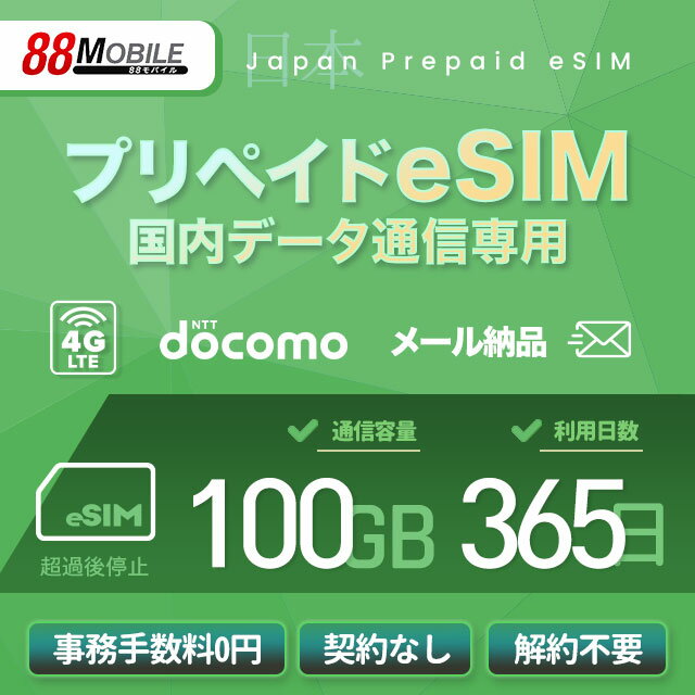 プリペイドSIM　メール納品　日本　プリペイドeSIM 100GB 365日 国内データ通信専用