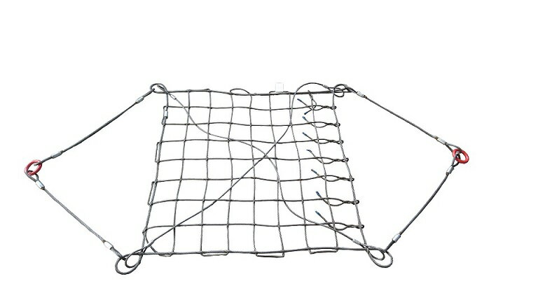 ワイヤーモッコA-1型（2本吊リング付）1.2m×1.2m 網目：150mm　使用荷重：3t　吊り工事 土木工事 建築工事 解体工事 石材 鉄くず 土砂 モッコ
