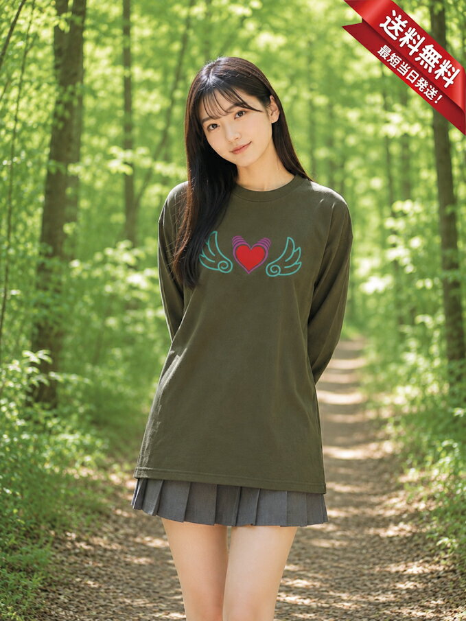 OWL ロングTシャツ 5.6オンスヘヴィウェイトTシャツ プリントTシャツ オリジナルTシャツ ふくろう フクロウ 縁起 幸運 福来郎 不苦労 開運 スピリチュアル ハート 天使 羽根 幸運の鳥 商売繁盛