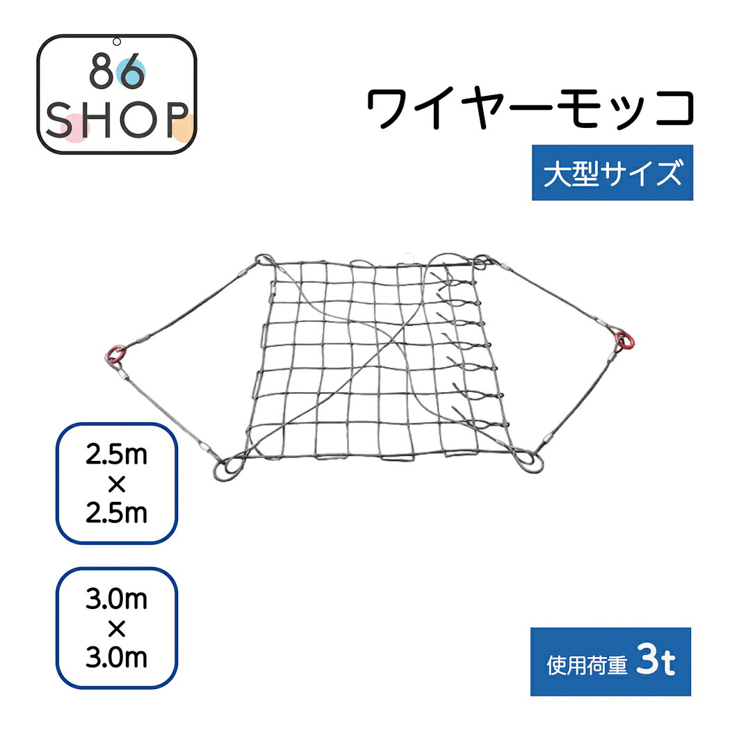 ワイヤーモッコA-1型（2本吊リング付） 幅：2.5m×2.5m 3.0m×3.0m 網目：100mm 120mm 150mm 使用荷重：3t　吊り工事 土木工事 建築工事 解体工事 石材 鉄くず 土砂 モッコ