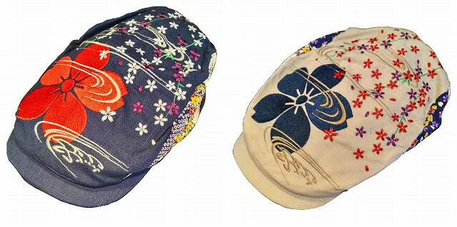 【送料無料】刺しゅう入り　ハンチング帽さくら花筏　ベージュ・紺無地部分　レーヨン80％　麻20％サイド和柄部分　ポリエステル100％ サイドのベルトで調節する　フリーサイズ頭頂部分に大きな刺しゅう　サイド面は、和柄生地を配置しました(4)