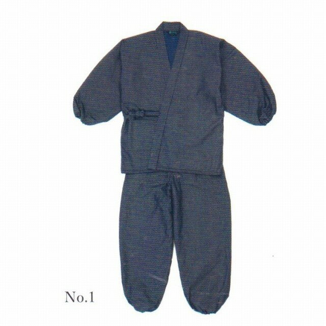 【日本製】秋・冬向きNo.5077 綿入キルト抗ウイルス・デニム 作務衣M・L・LL 濃紺表地 綿65% ポリエステル35% 裏地 中綿 ポリエステル100%上着 右前ポケット1個 ズボン ポケット左右 各1個ウエスト 後ゴム 袖・裾ゴム仕様 aw