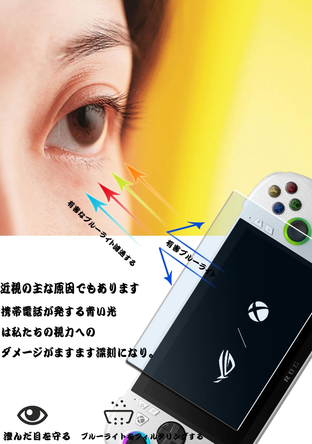 はぎめんストアの【ブルーライトカット 93%】【1枚入り】ASUS ROG Xbox Ally フィルム 目の疲れ軽減 液晶保護フィルム ROG Xbox Ally X フィルム 保護ガラス 硬度9H ROG Xbox Ally X 保護フィルム 貼り付け簡単/超薄飛散防止 ROG Xbox Ally 用 ガラスフィルム 気泡防止/指紋防止/高感度タッチ｜アングル2