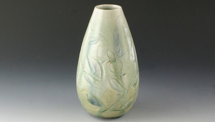 京焼/清水焼 陶器 花器 花瓶 灰釉草花紋 紙箱入 Kyo-yaki. Japanese ceramic Ikebana flower vase. Ash glase souka.