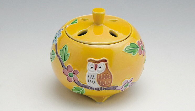 /  F ӂ낤 ؔ Kyo-yaki. Japanese ceramic Koro incense holder. Yellow owl.