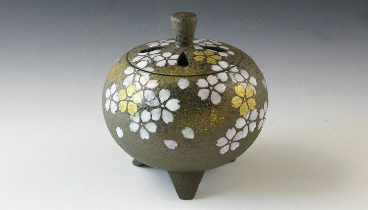 京焼/清水焼 陶器 香炉 雅桜 木箱入 Kyo-yaki. Japanese ceramic Koro incense holder. Miyabi zakura.