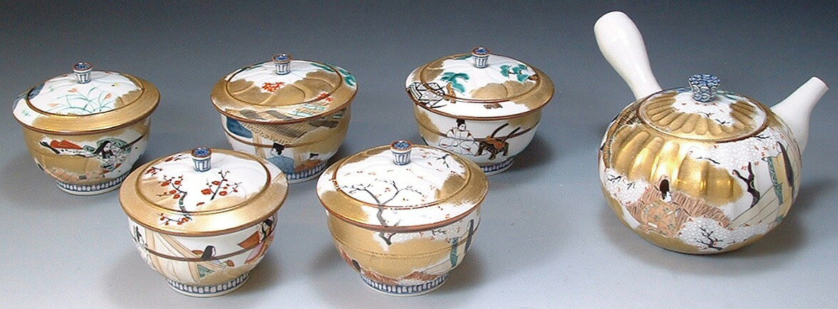 京焼/清水焼 磁器 急須セット 茶器揃 源氏物語 蓋付木箱入 Kyo-yaki. Set of Japanese yunomi teacup and kyusu teapot genjimonogatari. Wooden box. Porcelain.