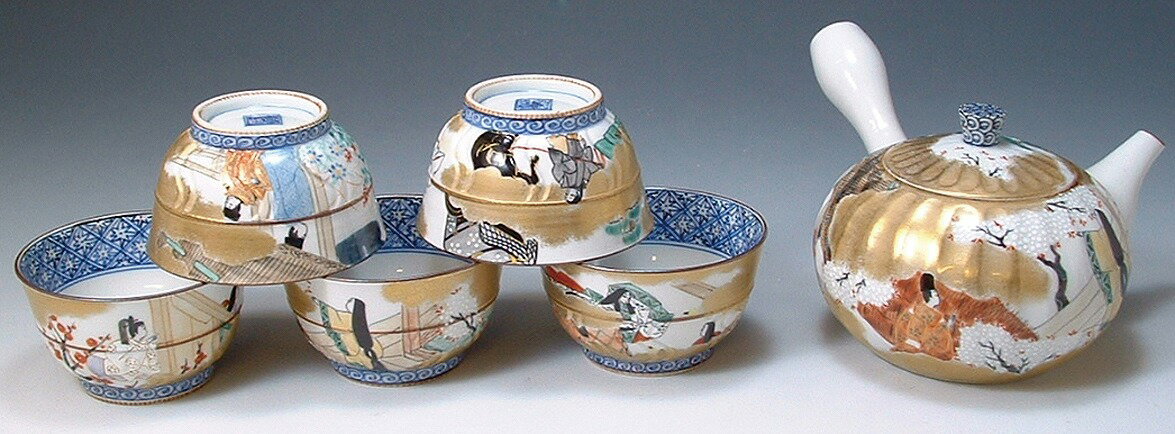 京焼/清水焼 磁器 急須セット 茶器揃 源氏物語 木箱入 Kyo-yaki. Set of Japanese yunomi teacup and kyusu teapot genjimonogatari. Wooden box. Porcelain.