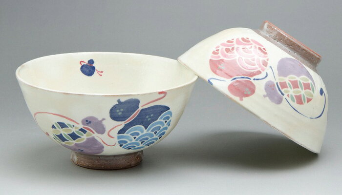 京焼/清水焼 陶器 夫婦組飯碗 招福六瓢 紙箱入 Kyo-yaki. Set of 2 meshiwan bowl shohuku mubyo. Paper box. ceramic.