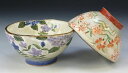 /  vwgјq FG  Kyo-yaki. Set of 2 meshiwan bowl flower and leaf. Paper box. ceramic.