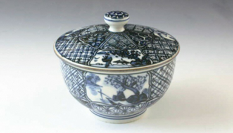 京焼/清水焼 磁器 蓋付湯呑汲出碗 祥瑞 5客セット 木箱入 Kyo-yaki. Set of 5 yunomi teacups shonzui. Wooden box. Porcelain.