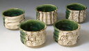 /  ۋoq  5qZbg  Kyo-yaki. Set of 5 Japanese yunomi teacups oribe. Paper box. Ceramic.