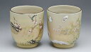 京焼/清水焼 陶器 夫婦組湯呑 四季花鳥図 木箱入 Kyo-yaki. 4 Seasons flower and birds Set of 2 Teacups Yunomi. Wooden box. Ceramic.