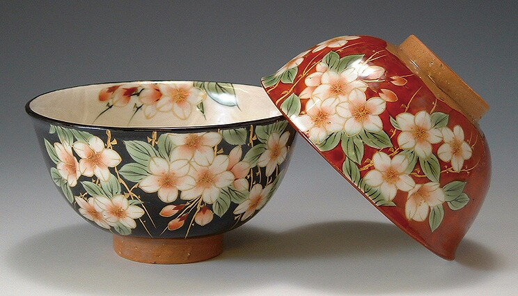 京焼/清水焼 陶器 夫婦組飯碗 しだれ桜 紙箱入 Kyo-yaki. Set of 3 meshiwan bowl Shidare cherry blossom. Paper box. ceramic.