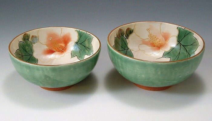 京焼/清水焼 陶器 夫婦組飯碗 織部芙蓉 紙箱入 Kyo-yaki. Set of 2 meshiwan bowl Oribe huyo. Paper box. ceramic.