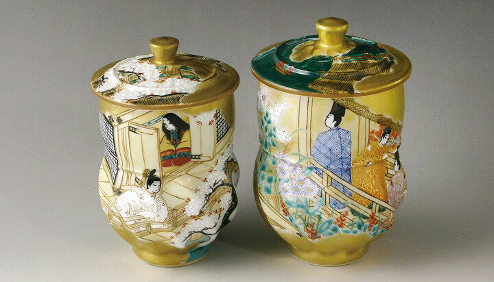 京焼/清水焼 磁器 蓋付夫婦組湯呑 須磨 木箱入 Kyo-yaki. Set of 2 Teacups Suma Yunomi with a cover. wooden box. Porcelain.