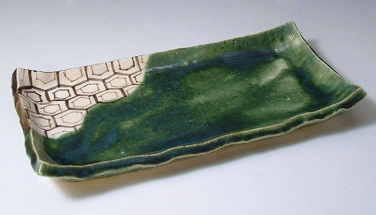 京焼/清水焼 陶器 鉢寸長角皿 おりべ 紙箱入 Kyo-yaki. Japanese long serving plate oribe. Paper box. Ceramic.