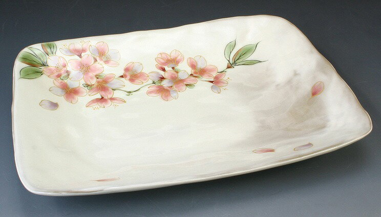 京焼/清水焼 陶器 長角皿 桜 紙箱入 Kyo-yaki. Japanese long serving plate sakura. Paper box. Ceramic.