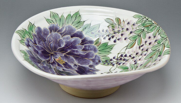 京焼/清水焼 陶器 八．五寸八 白掛紫草花 紙箱入 Kyo-yaki. Big serving Japanese bowl white purple souka. Paper box. Porcelain.