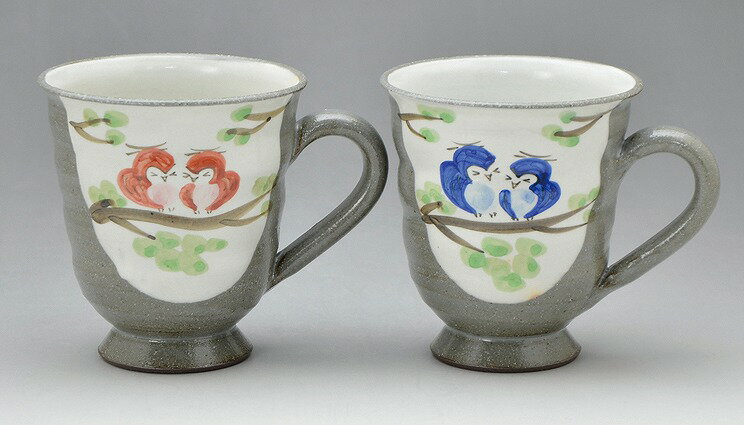 京焼/清水焼 陶器 ペアマグカップ 粉引ふくろう 紙箱入 Kyo-yaki. Set of 2 Japanese mug cup kohiki owl. Paper box. Ceramic.