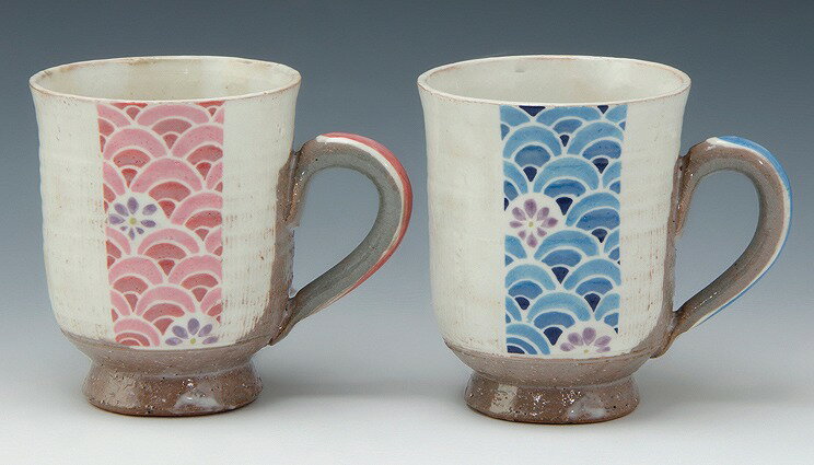 京焼/清水焼 陶器 ペアマグカップ 櫛目青海波 紙箱入 Kyo-yaki. Set of 2 Japanese mug cup kushime seikaiha. Paper box. Ceramic.
